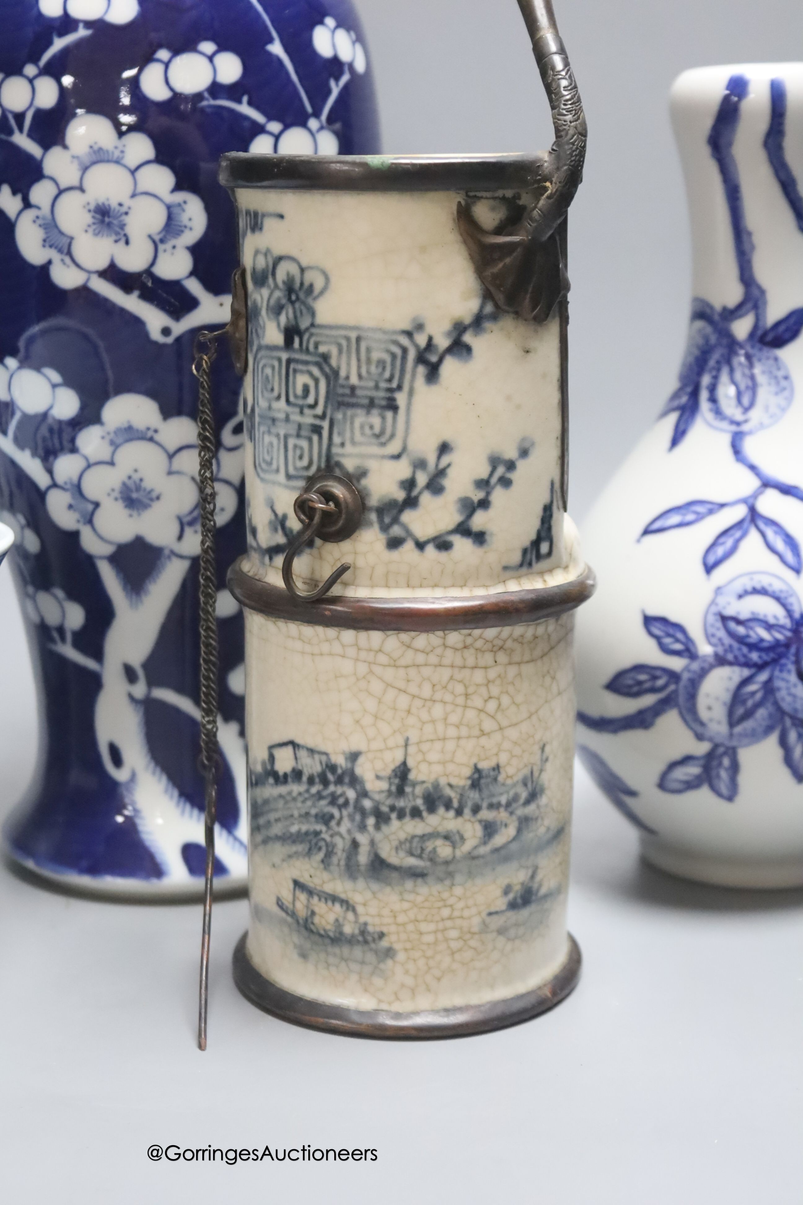 Five Chinese blue and white vessels, tallest 32cm